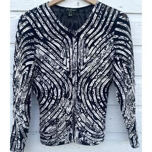 CARTISE Ribbon Top Womens 6 Black White Applique Full Zip Stretch Sheer VTG